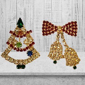 Vintage Christmas Brooch Christmas Tree + Bow Bells Lot of 2 Pins